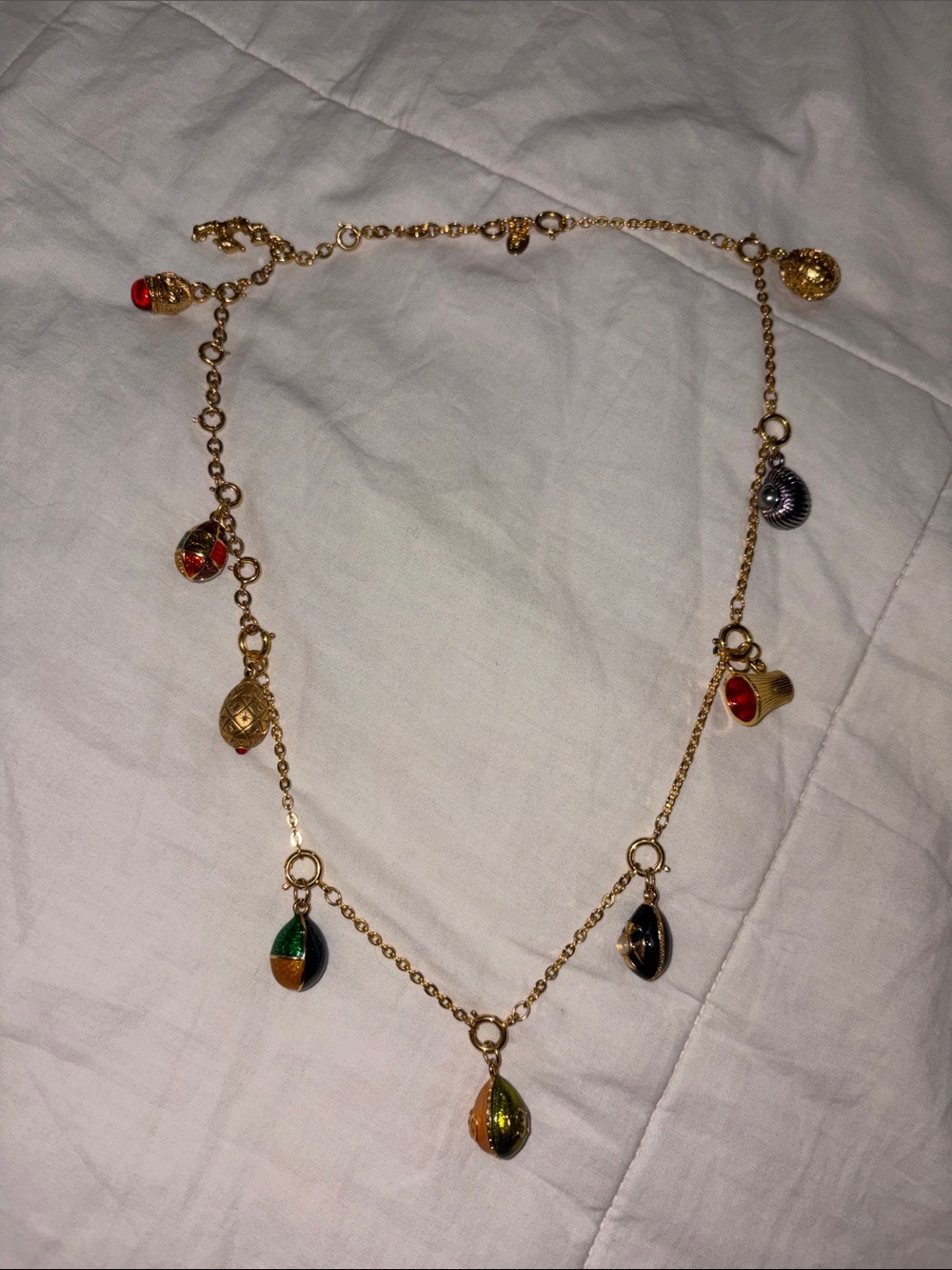 Vintage Joan Rivers 10 Charm Necklace Faberge Egg, Teacup, Acrobat Charms